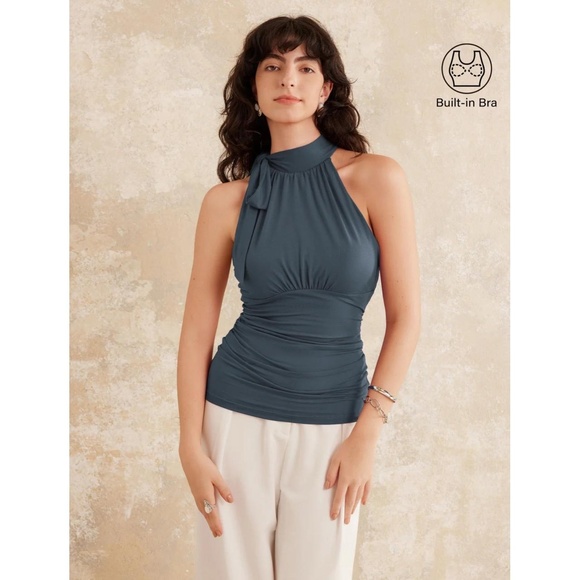 OGL Tops - NWT,OGL Dark Pewter Side Ruched High Neck Built In Bra Slim Fit Halter Top XL